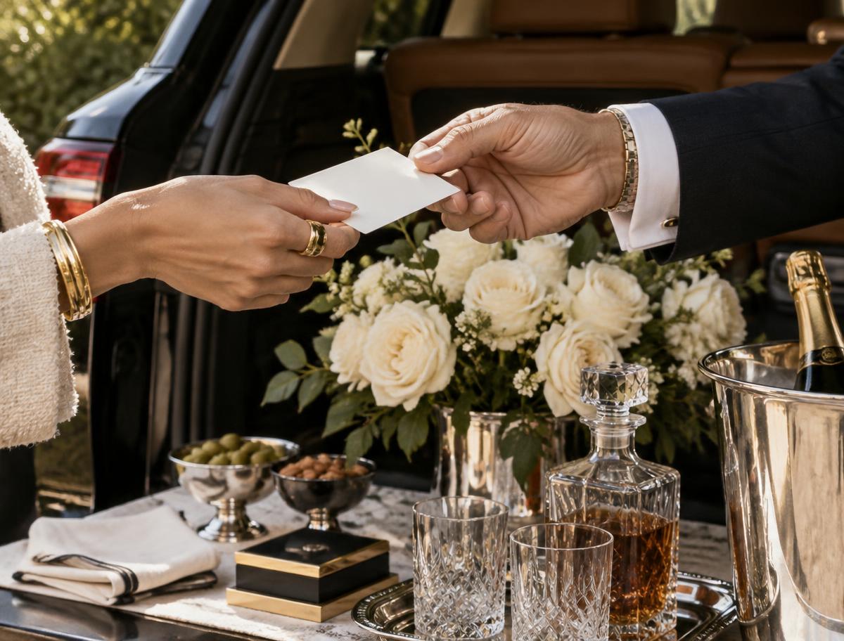 Business cards exchanged over a styled table